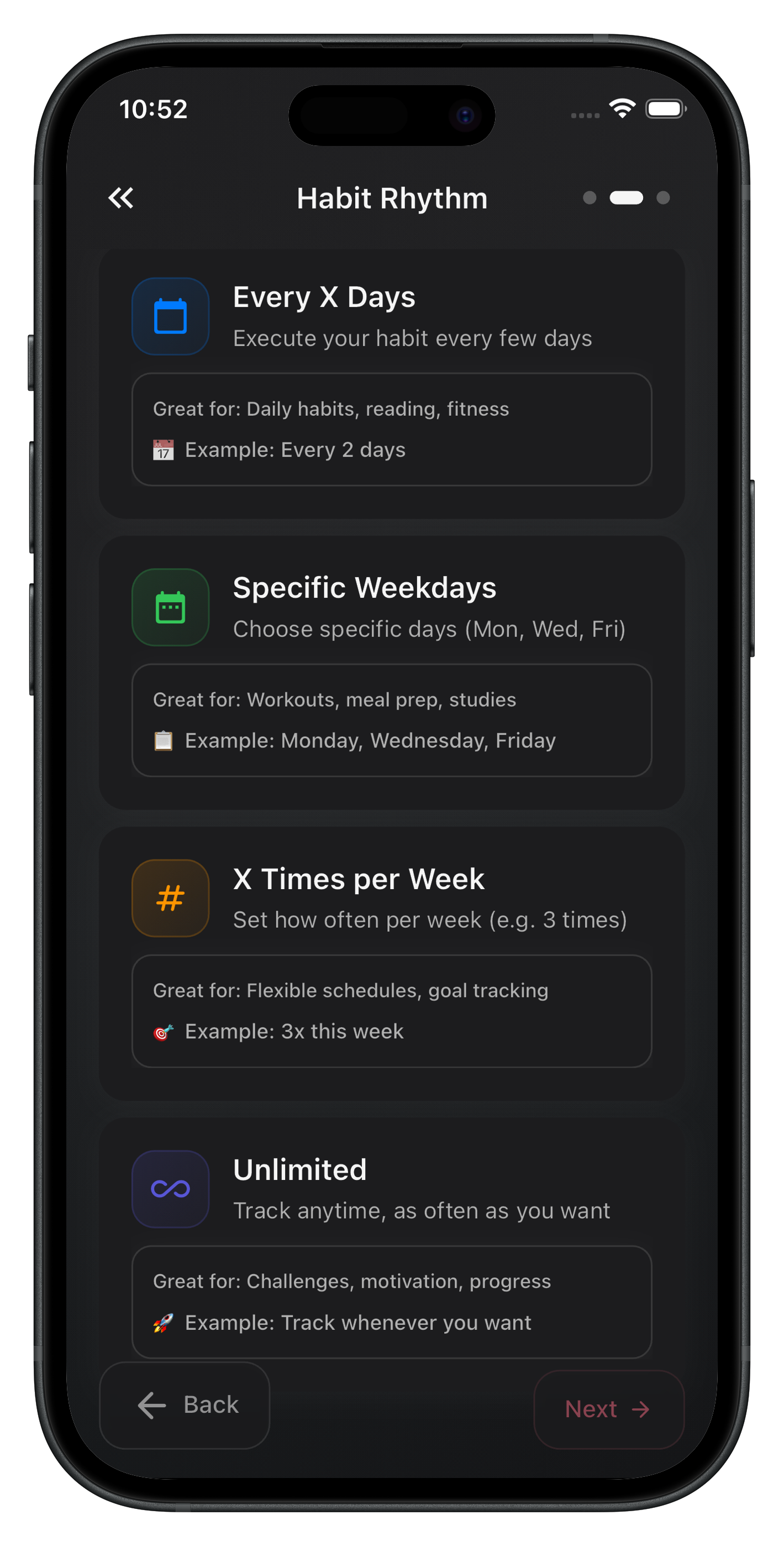 Habit Rhythm settings with flexible scheduling options
